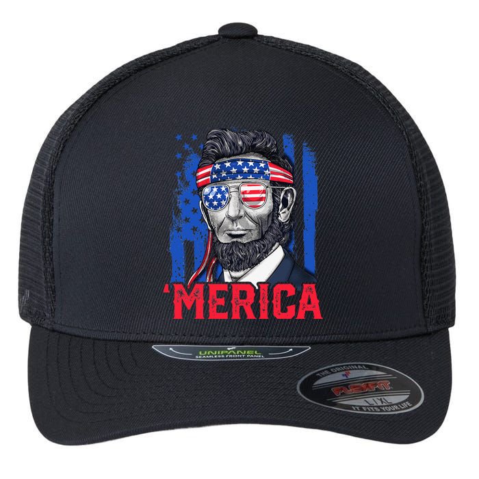 Abraham Lincoln Merica 4th Of July American Flag Flexfit Unipanel Trucker Cap