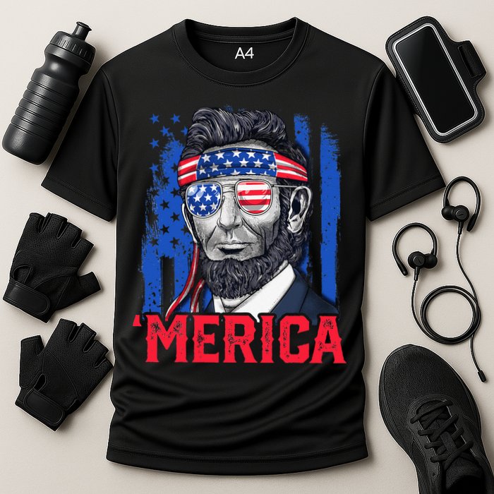 Abraham Lincoln Merica 4th Of July American Flag Cooling Performance Crew T-Shirt