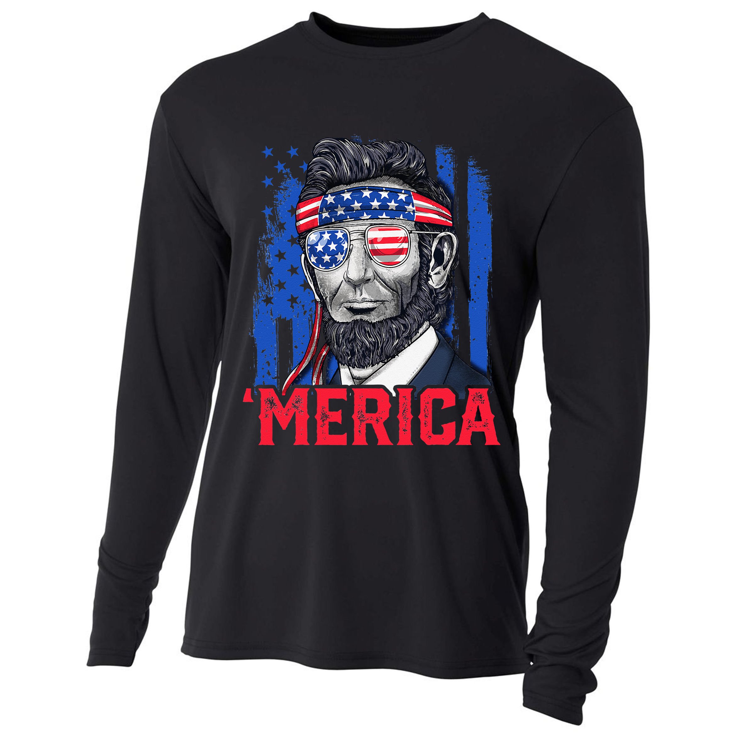 Abraham Lincoln Merica 4th Of July American Flag Cooling Performance Long Sleeve Crew