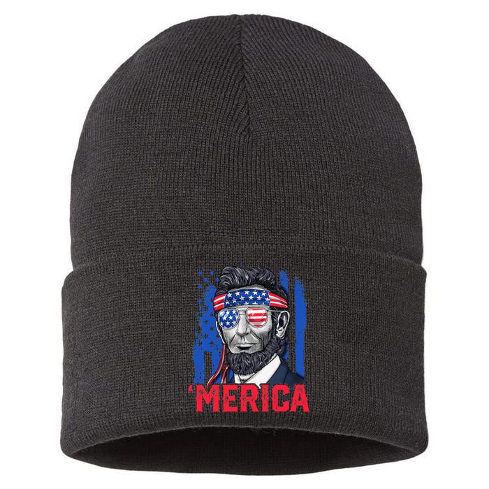 Abraham Lincoln Merica 4th Of July American Flag Sustainable Knit Beanie