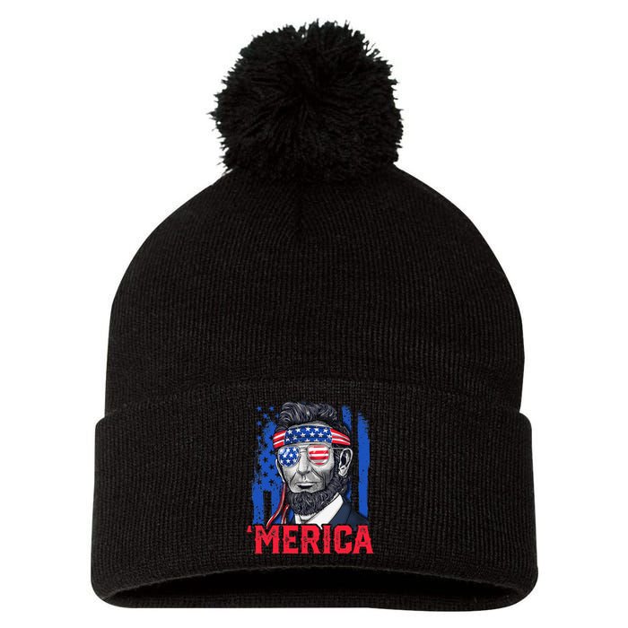 Abraham Lincoln Merica 4th Of July American Flag Pom Pom 12in Knit Beanie