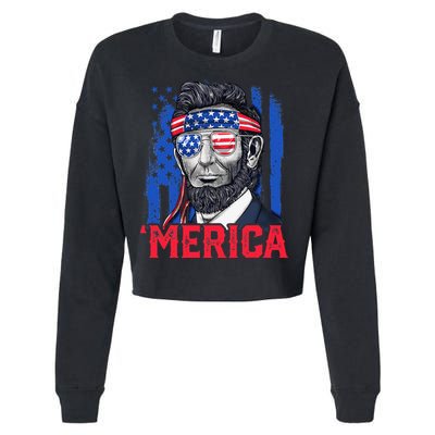 Abraham Lincoln Merica 4th Of July American Flag Cropped Pullover Crew