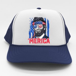 Abraham Lincoln Merica 4th Of July American Flag Trucker Hat