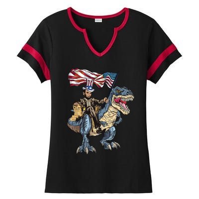 Abe Lincoln Murica T Rex Funny 4th Of July Usa Flag Ladies Halftime Notch Neck Tee