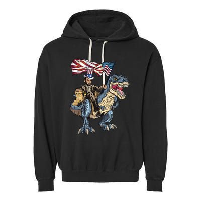 Abe Lincoln Murica T Rex Funny 4th Of July Usa Flag Garment-Dyed Fleece Hoodie