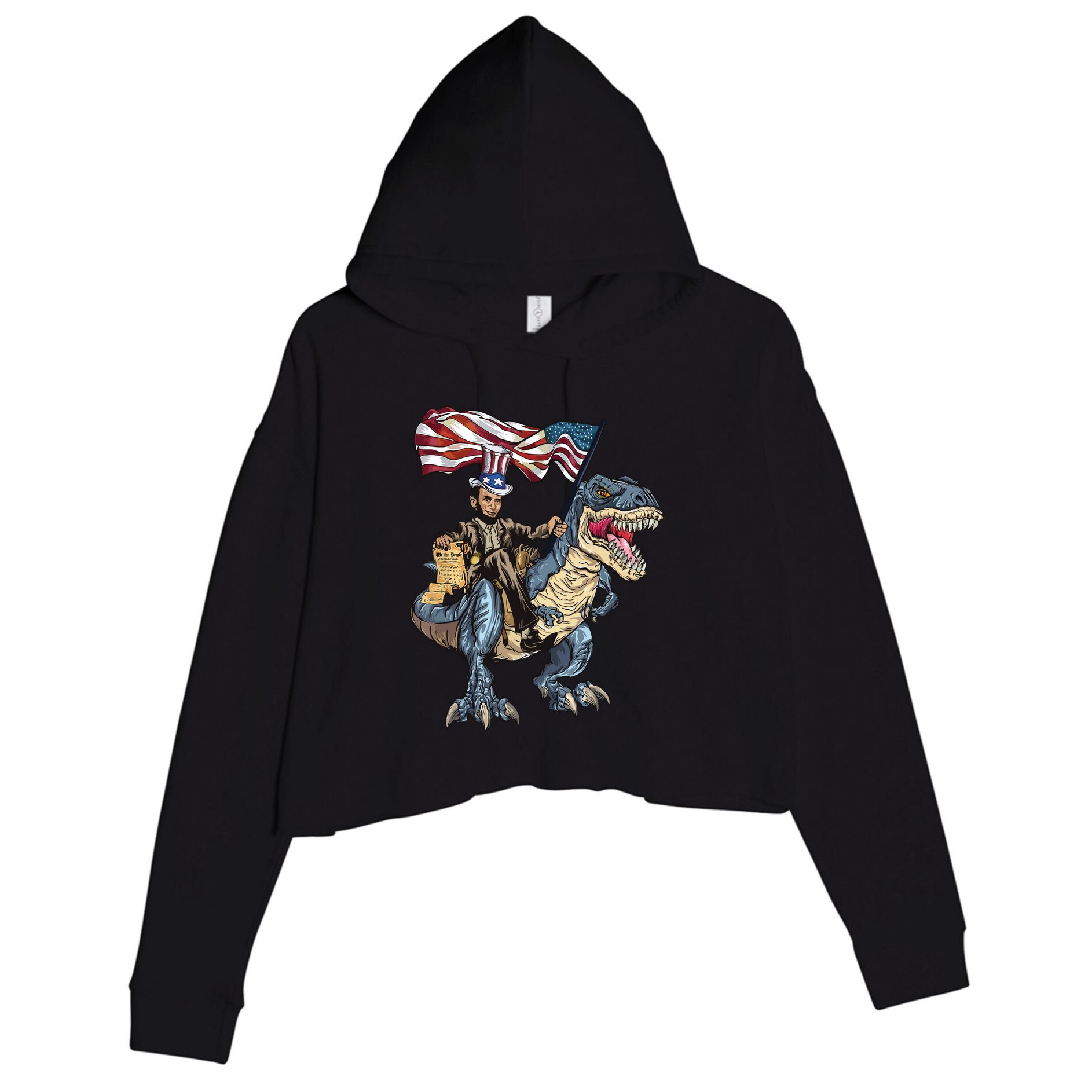 Abe Lincoln Murica T Rex Funny 4th Of July Usa Flag Crop Fleece Hoodie