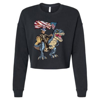 Abe Lincoln Murica T Rex Funny 4th Of July Usa Flag Cropped Pullover Crew