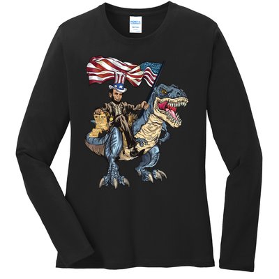 Abe Lincoln Murica T Rex Funny 4th Of July Usa Flag Ladies Long Sleeve Shirt