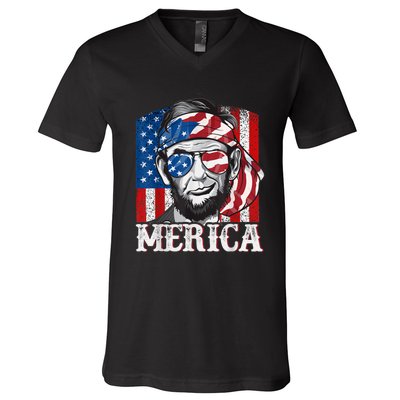 Abraham Lincoln Merica 4th Of July Shirt Men American Flag V-Neck T-Shirt