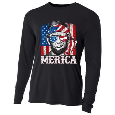 Abraham Lincoln Merica 4th Of July Shirt Men American Flag Cooling Performance Long Sleeve Crew