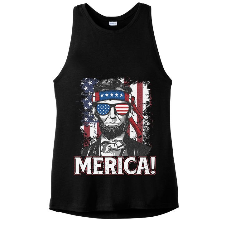 Abraham Lincoln Merica USA American Flag 4th of July Ladies PosiCharge Tri-Blend Wicking Tank