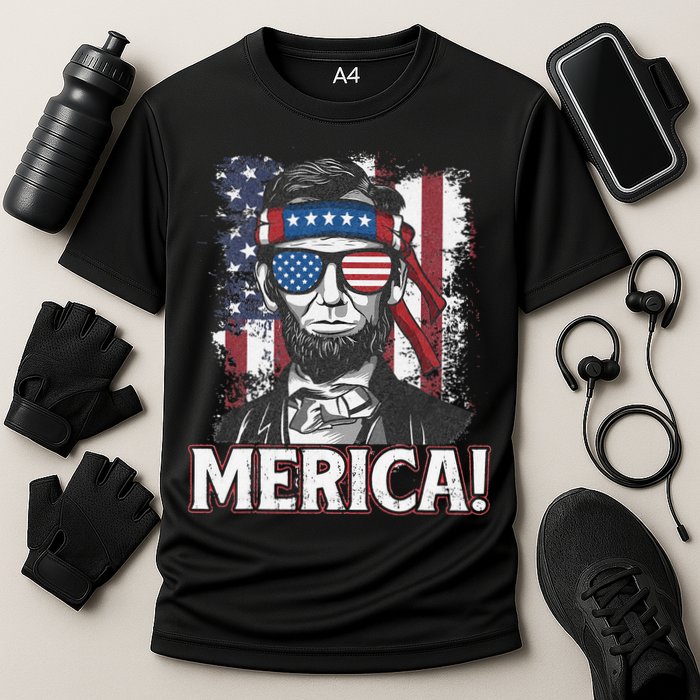 Abraham Lincoln Merica USA American Flag 4th of July Cooling Performance Crew T-Shirt
