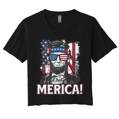 Abraham Lincoln Merica USA American Flag 4th of July Women's Crop Top Tee