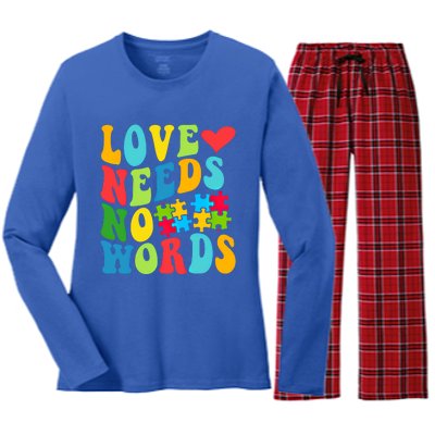 Autism Love Needs No Words Autism Awareness Gift Women's Long Sleeve Flannel Pajama Set 