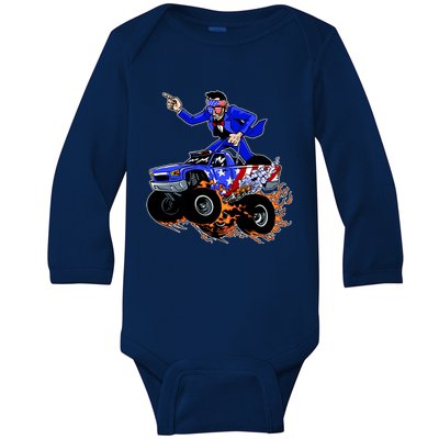 Abraham Liconln On A Monster Truck Baby Long Sleeve Bodysuit