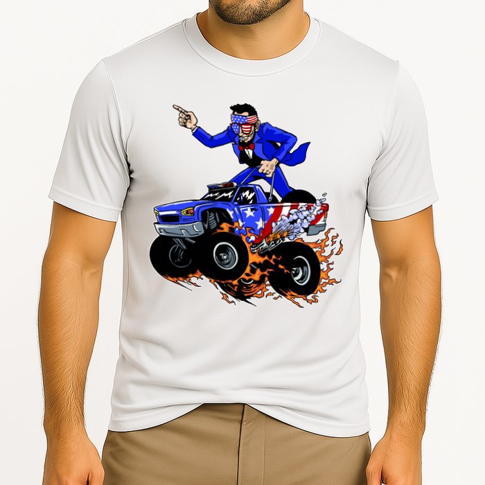 Abraham Liconln On A Monster Truck Cooling Performance Crew T-Shirt