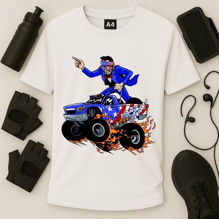 Abraham Liconln On A Monster Truck Cooling Performance Crew T-Shirt