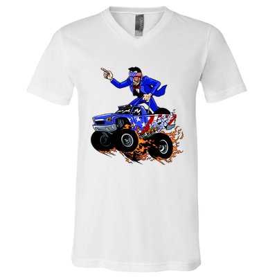 Abraham Liconln On A Monster Truck V-Neck T-Shirt