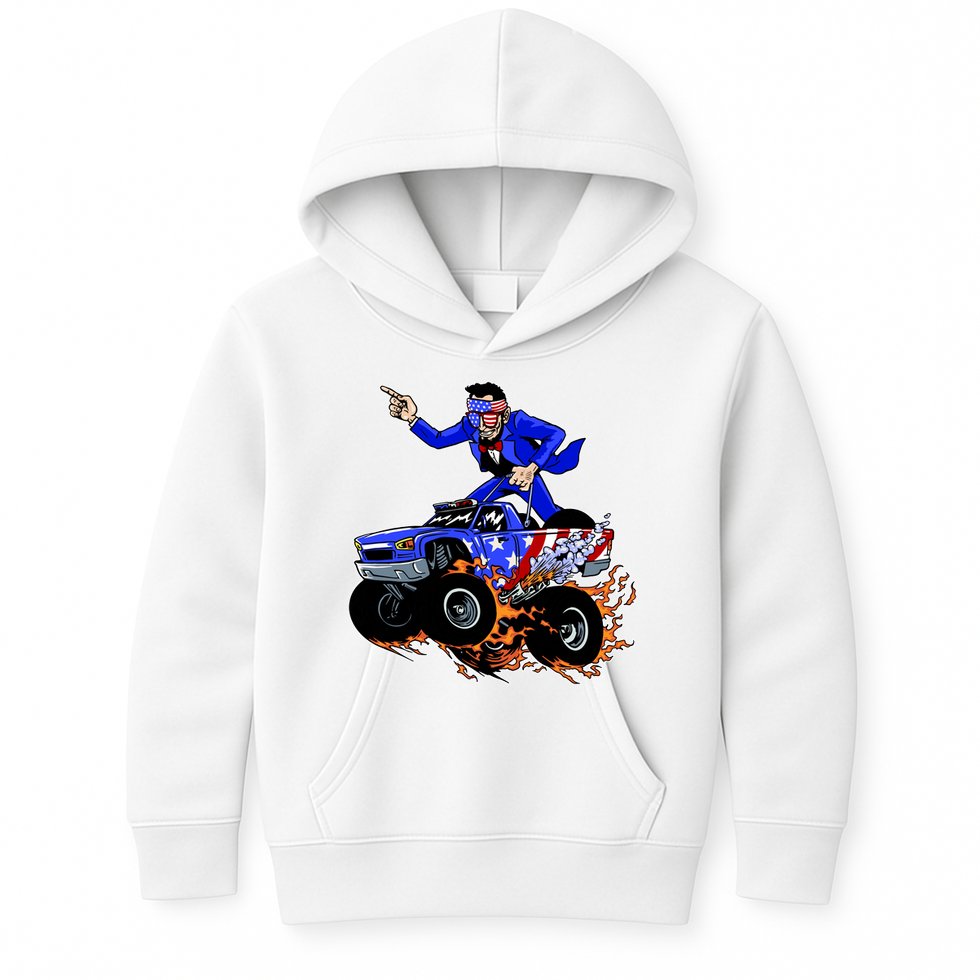 Abraham Liconln On A Monster Truck Kids Hoodie