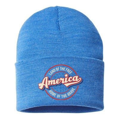 America Land Of The Free Home Of The Brave Retro 4th Of July Funny Gift Sustainable Knit Beanie