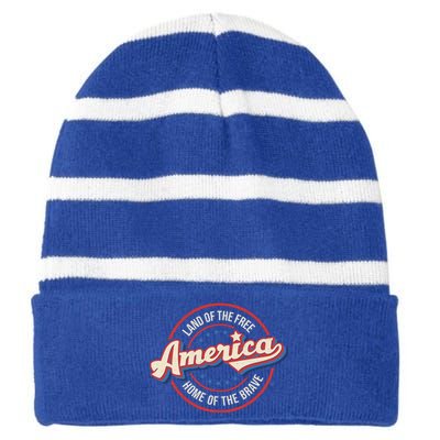 America Land Of The Free Home Of The Brave Retro 4th Of July Funny Gift Striped Beanie with Solid Band