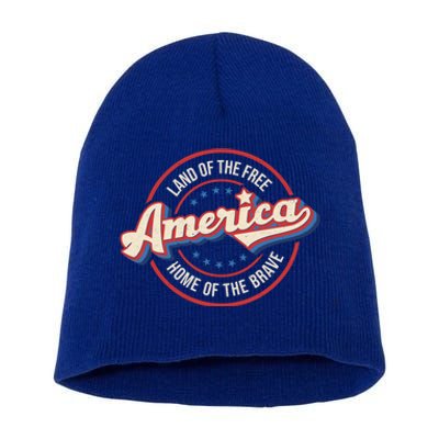 America Land Of The Free Home Of The Brave Retro 4th Of July Funny Gift Short Acrylic Beanie