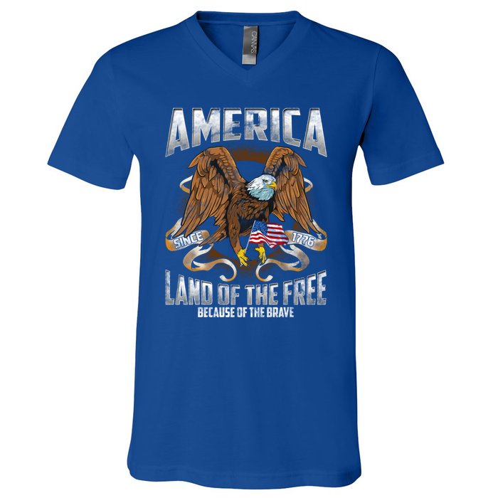 America! Land Of The Free Because Of The Brave! Patriotic Gift V-Neck T-Shirt