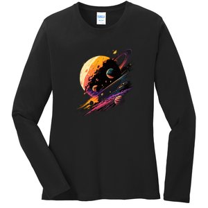 A Lot Of Big And Small Colorful Planets Ladies Long Sleeve Shirt