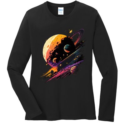 A Lot Of Big And Small Colorful Planets Ladies Long Sleeve Shirt