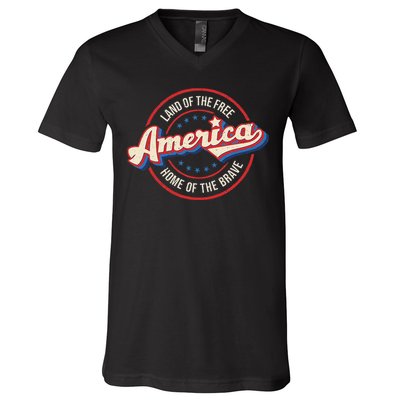 America Land Of The Free Home Of The Brave Retro V-Neck T-Shirt