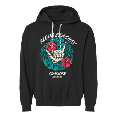 Aloha Beaches Skeleton Hand Rock On Flowers Garment-Dyed Fleece Hoodie