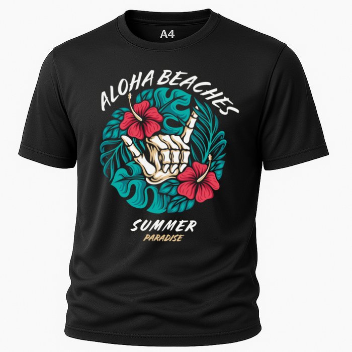 Aloha Beaches Skeleton Hand Rock On Flowers Cooling Performance Crew T-Shirt