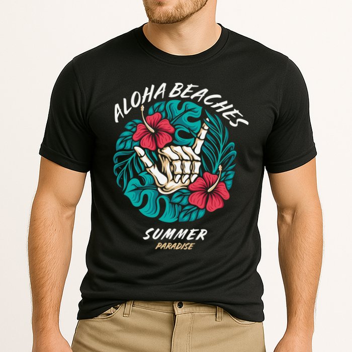 Aloha Beaches Skeleton Hand Rock On Flowers Cooling Performance Crew T-Shirt