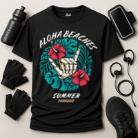 Aloha Beaches Skeleton Hand Rock On Flowers Cooling Performance Crew T-Shirt