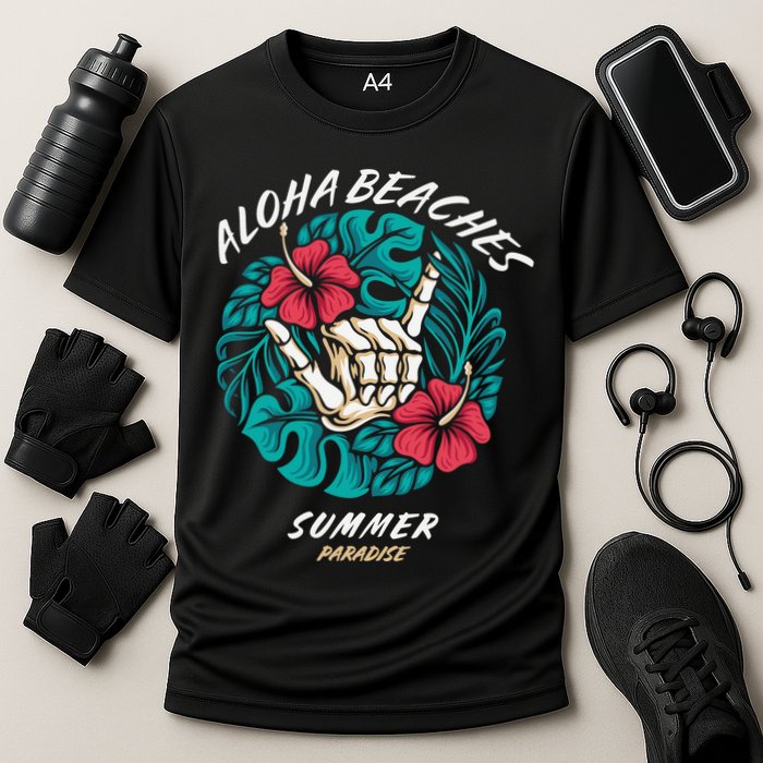 Aloha Beaches Skeleton Hand Rock On Flowers Cooling Performance Crew T-Shirt