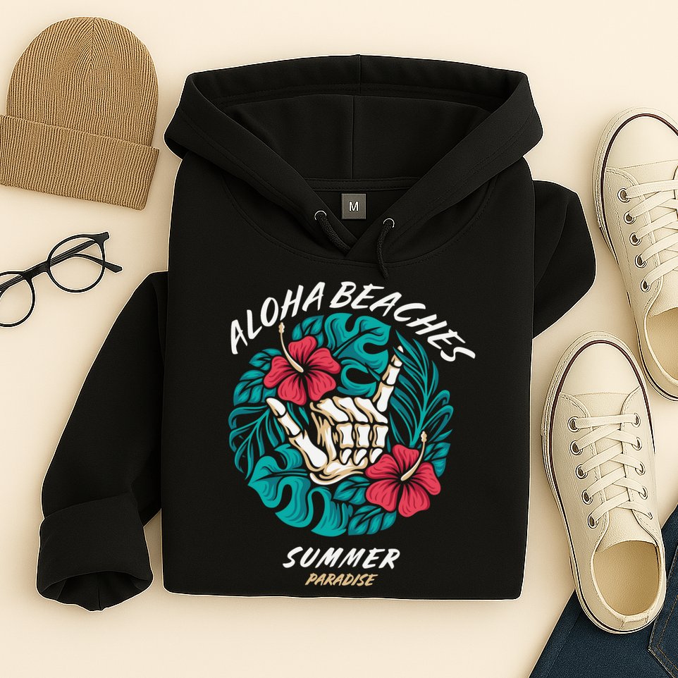 Aloha Beaches Skeleton Hand Rock On Flowers Hoodie