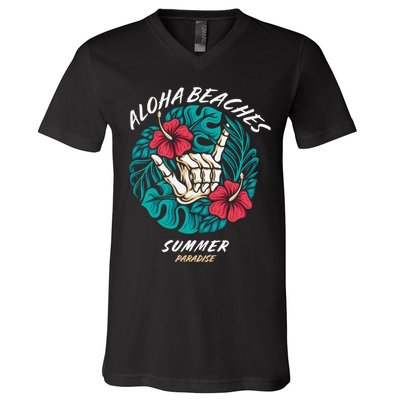 Aloha Beaches Skeleton Hand Rock On Flowers V-Neck T-Shirt