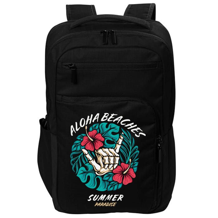Aloha Beaches Skeleton Hand Rock On Flowers Impact Tech Backpack