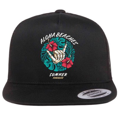Aloha Beaches Skeleton Hand Rock On Flowers Flatbill Hat
