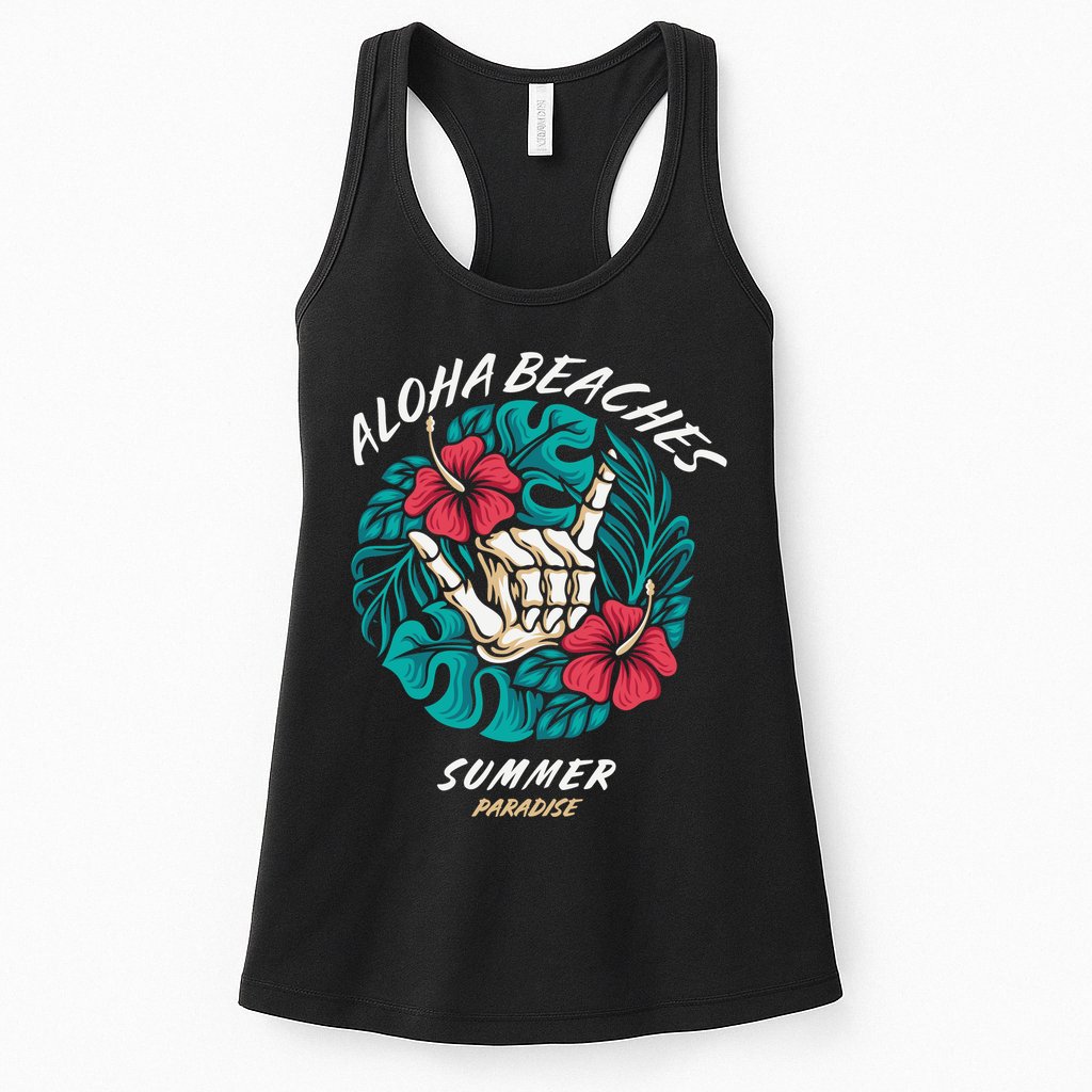 Aloha Beaches Skeleton Hand Rock On Flowers Womens Tank Top