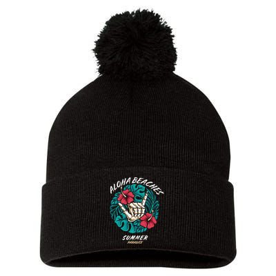 Aloha Beaches Skeleton Hand Rock On Flowers Pom Pom 12in Knit Beanie