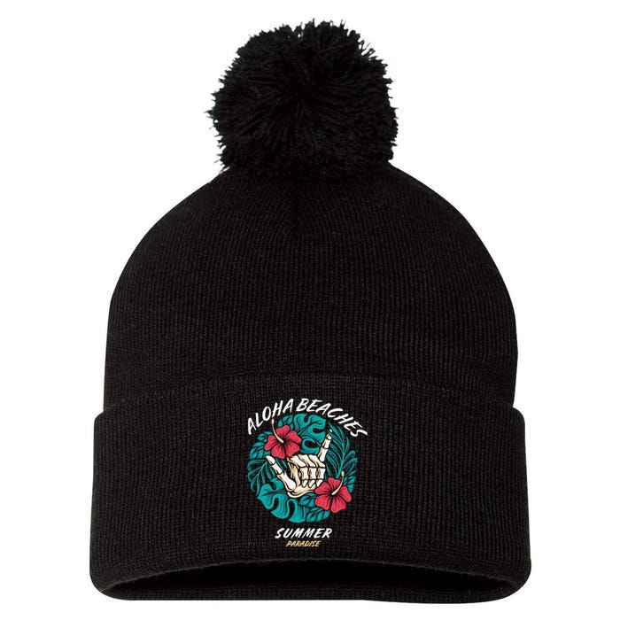 Aloha Beaches Skeleton Hand Rock On Flowers Pom Pom 12in Knit Beanie