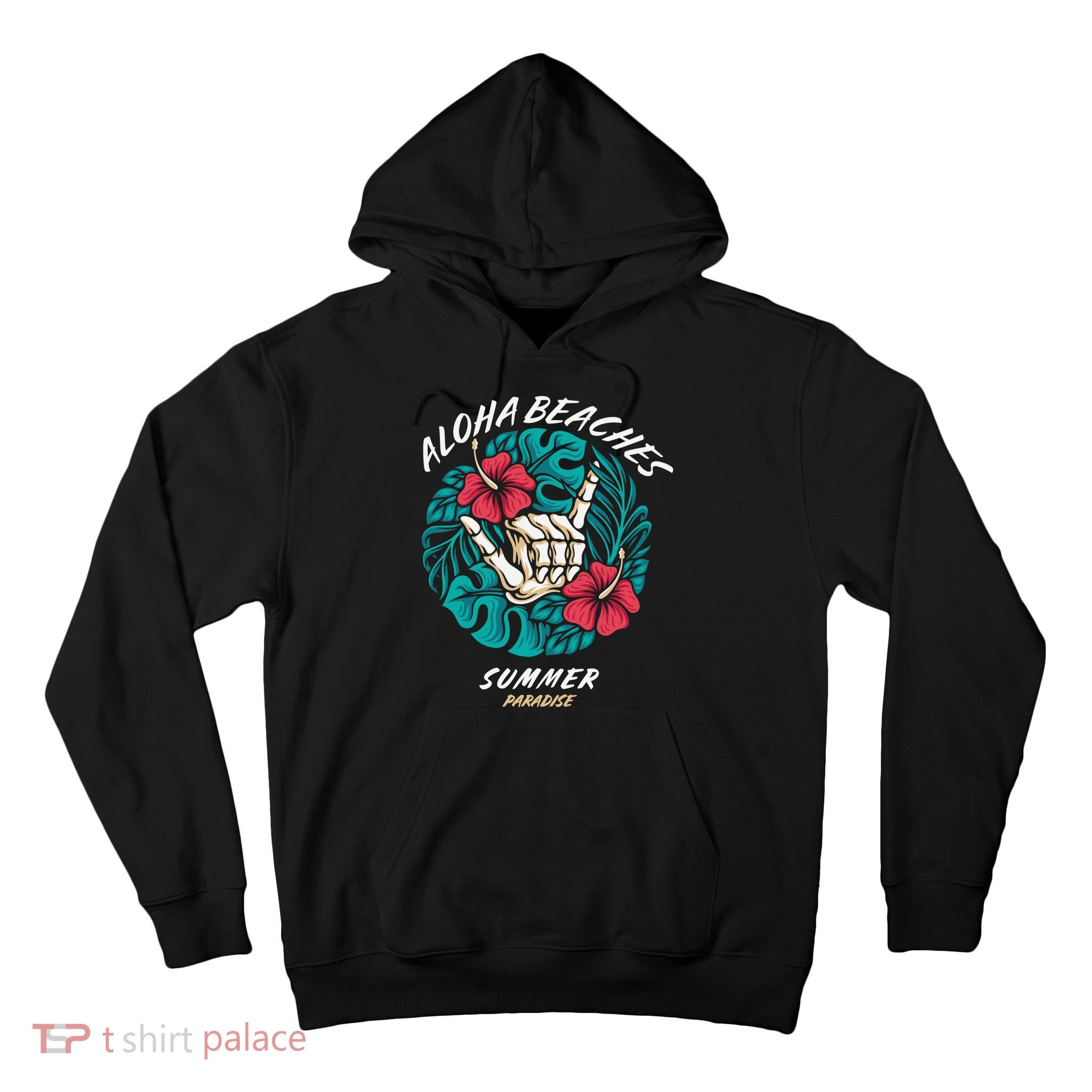 Aloha Beaches Skeleton Hand Rock On Flowers Tall Hoodie
