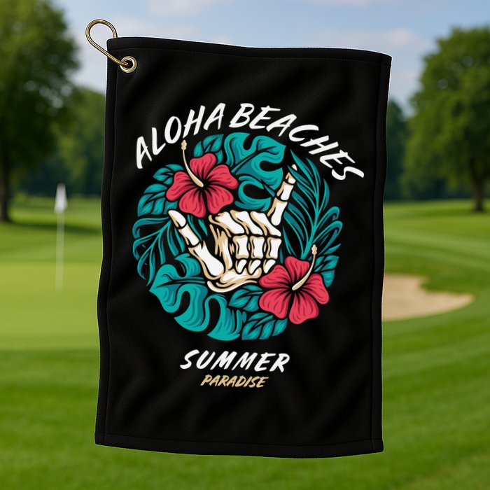 Aloha Beaches Skeleton Hand Rock On Flowers Golf Towel
