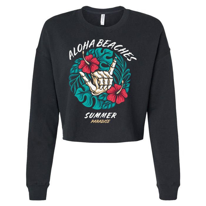 Aloha Beaches Skeleton Hand Rock On Flowers Cropped Pullover Crew