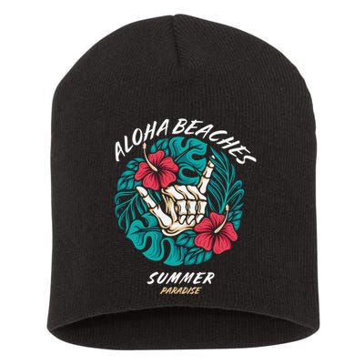 Aloha Beaches Skeleton Hand Rock On Flowers Short Acrylic Beanie