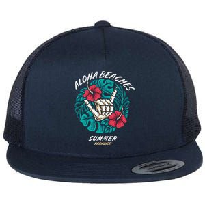 Aloha Beaches Skeleton Hand Rock On Flowers Flat Bill Trucker Hat