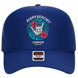 Aloha Beaches Skeleton Hand Rock On Flowers High Crown Mesh Back Trucker Hat