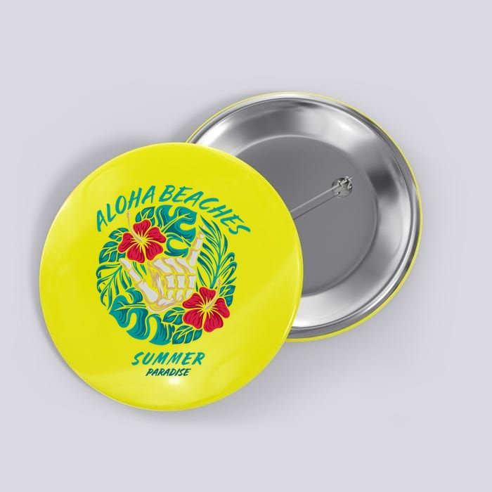 Aloha Beaches Skeleton Hand Rock On Flowers Button