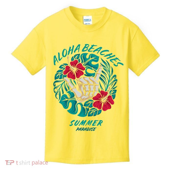 Aloha Beaches Skeleton Hand Rock On Flowers Kids T-Shirt